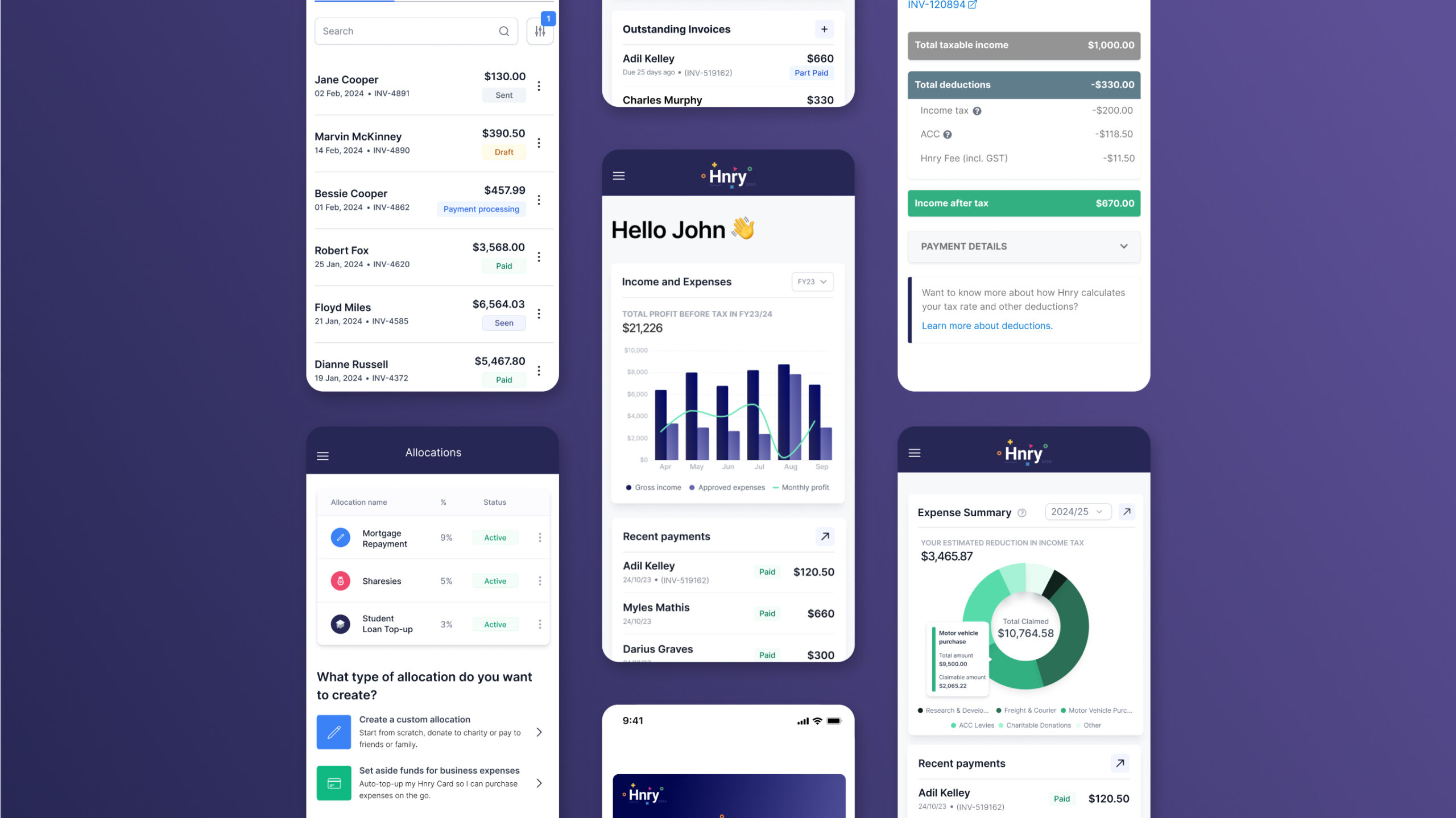 Hnry app interface showcasing features for independent professionals, including invoicing, income and expense tracking, tax calculations, and financial allocations. The app displays graphs, summaries of taxable income and deductions, expense categories, and recent payments on a clean, user-friendly dashboard