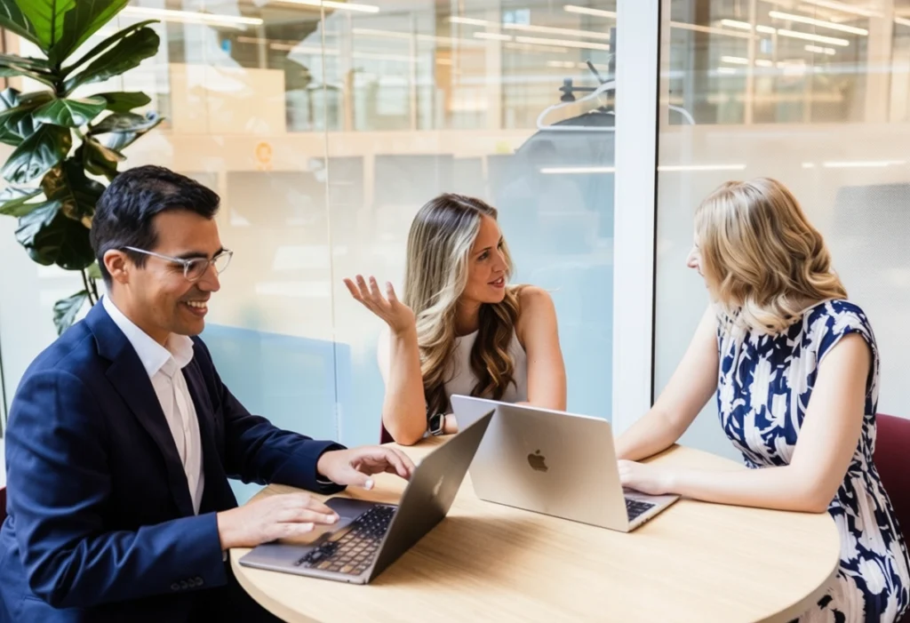 Three independent consultants collaborating on a financial services project
